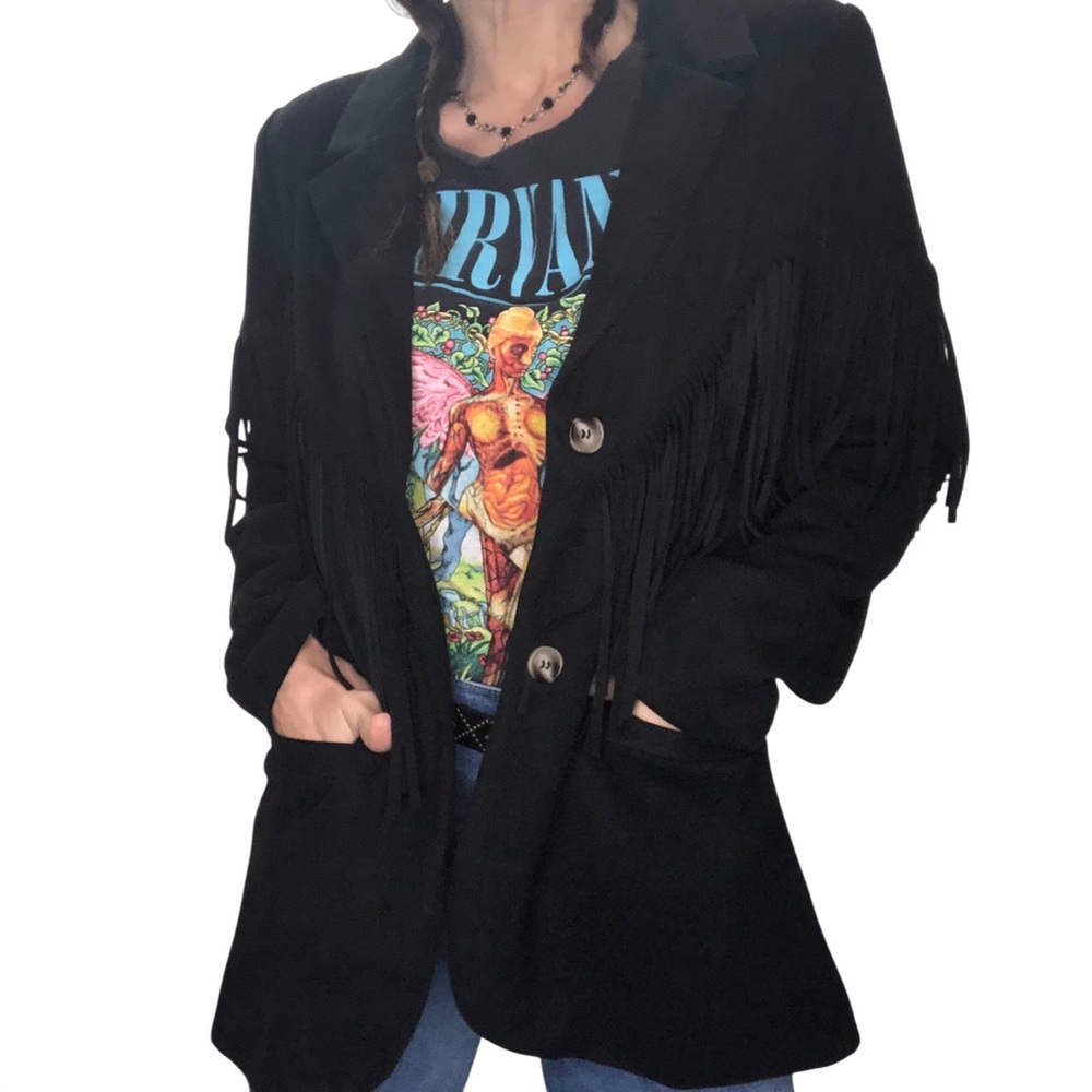 Blue B Coll. Faux Suede Fringe Rivets Jacket Sz M Black Rock Western Rockabilly - Picture 3 of 11